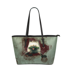 Funny, cute cartoon cat Leather Tote Bag/Large (Model 1651)