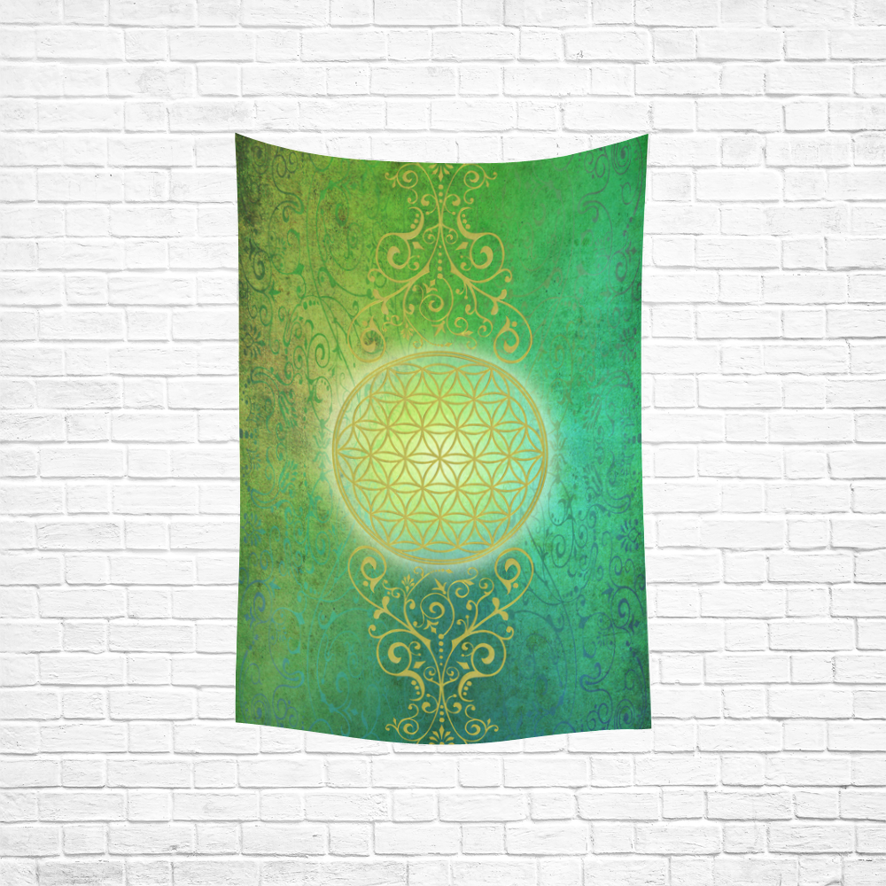 Symbol FLOWER OF LIFE vintage gold green Cotton Linen Wall Tapestry 40"x 60"