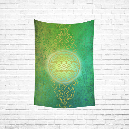 Symbol FLOWER OF LIFE vintage gold green Cotton Linen Wall Tapestry 40"x 60"