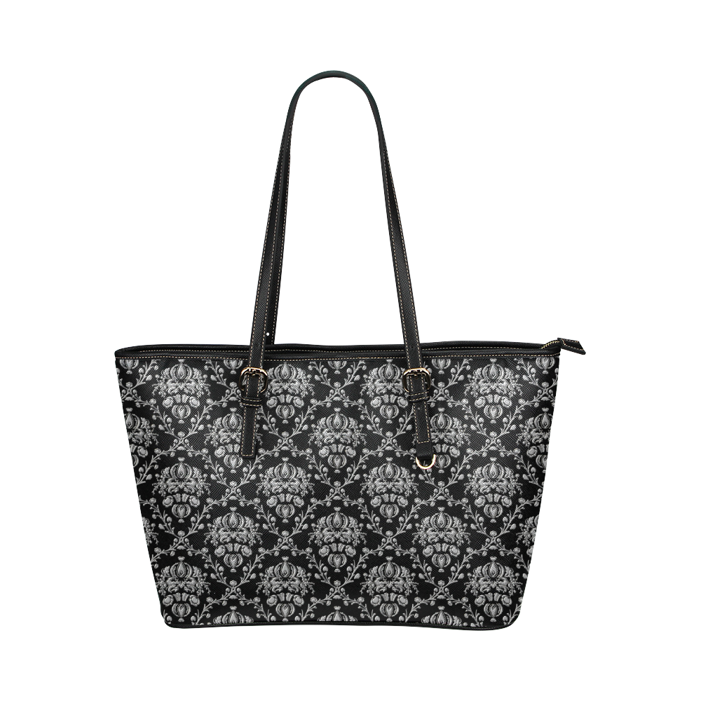 Elegant black and silver damask Leather Tote Bag/Small (Model 1651)
