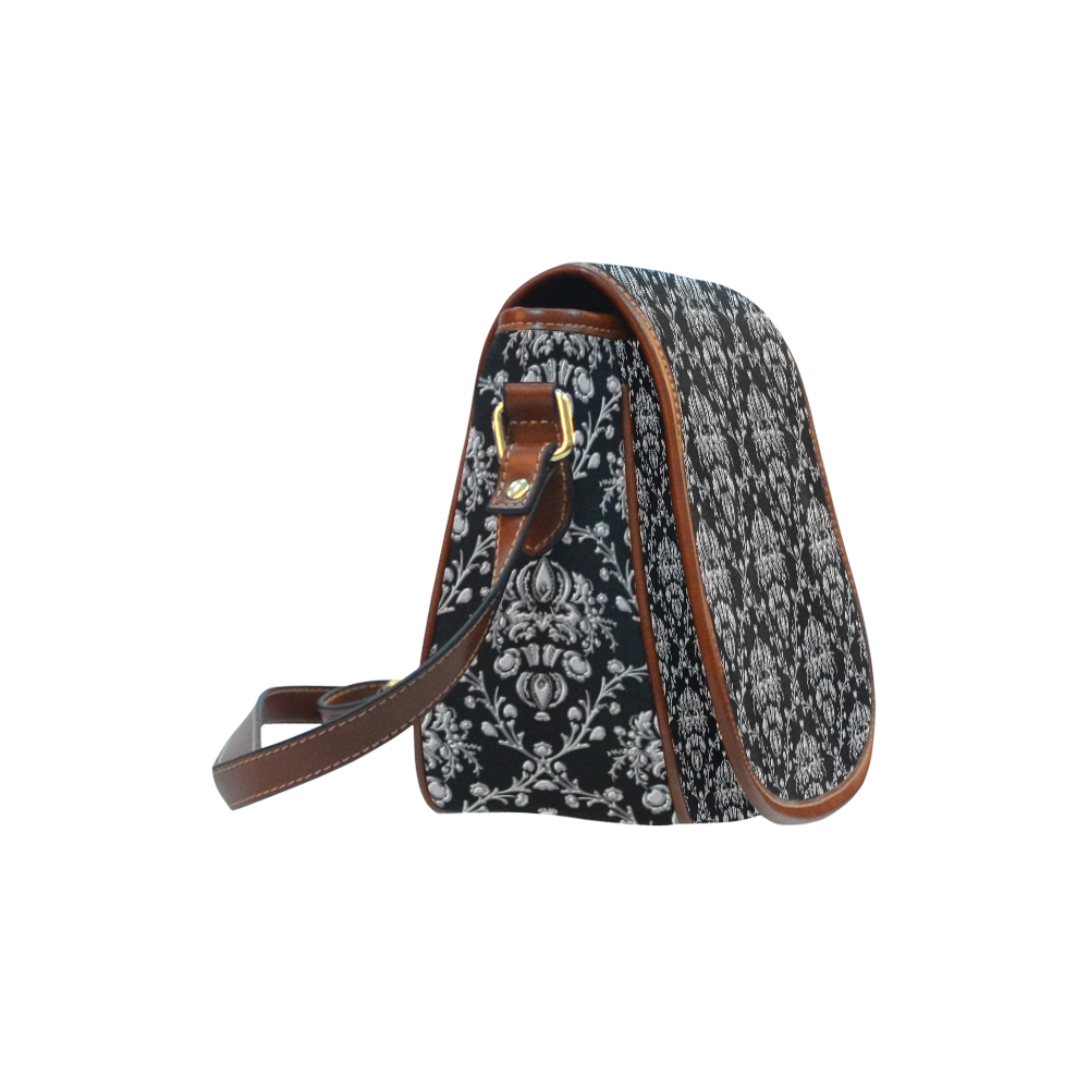 Elegant black and silver damask Saddle Bag/Small (Model 1649) Full Customization
