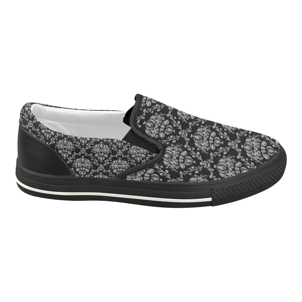 Black and Silver Damask Women's Slip-on Canvas Shoes (Model 019)