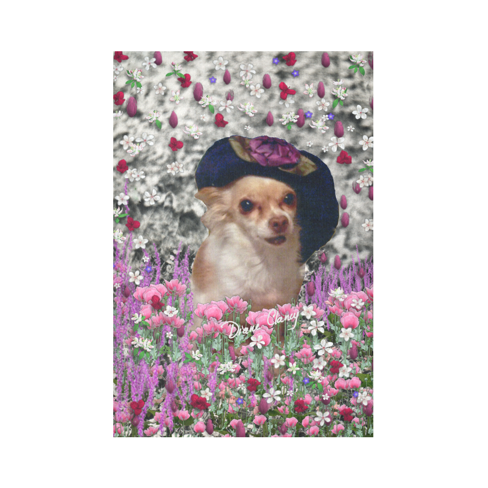 Chi Chi in Pink White Flowers, Chihuahua Puppy Dog Cotton Linen Wall Tapestry 60"x 90"