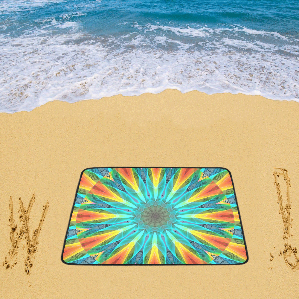 Aqua Gold Joy to the World Flowers, Zen Rainbow Beach Mat 78"x 60"