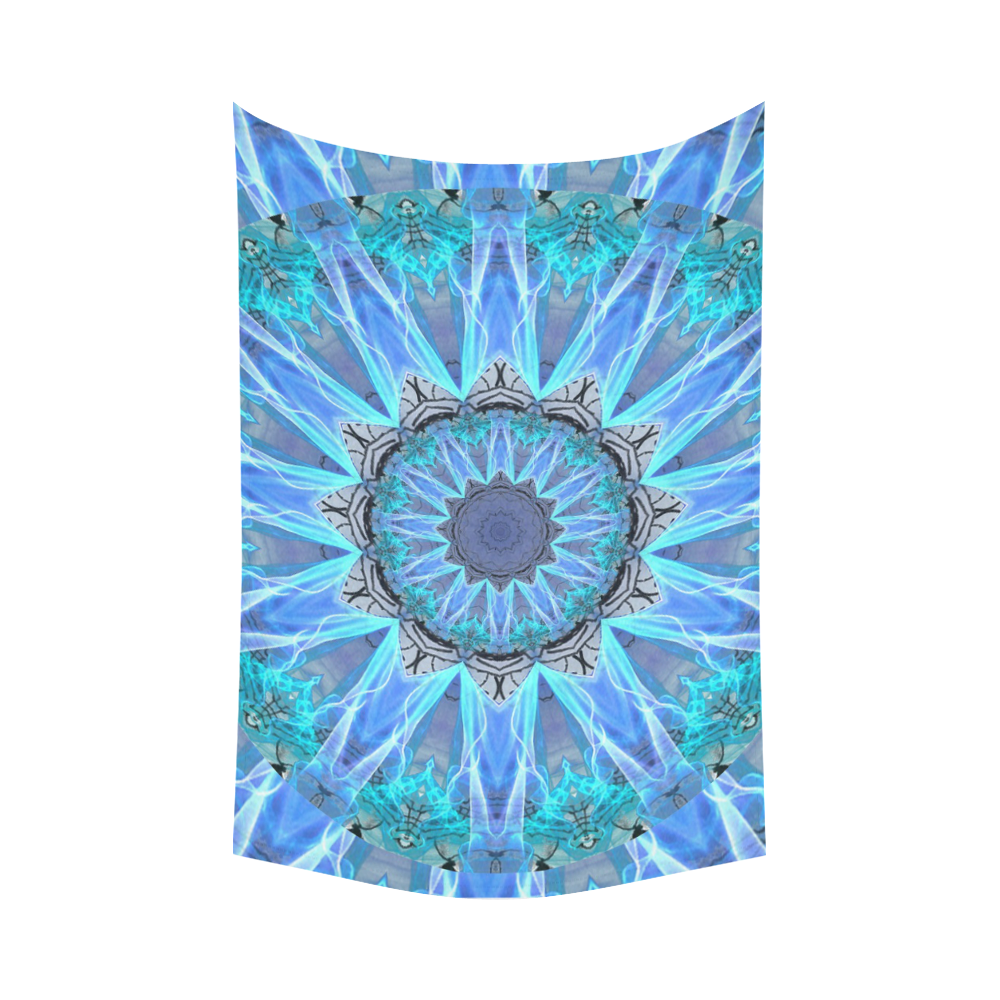 Sapphire Ice Flame, Cyan Blue Crystal Wheel Cotton Linen Wall Tapestry 90"x 60"