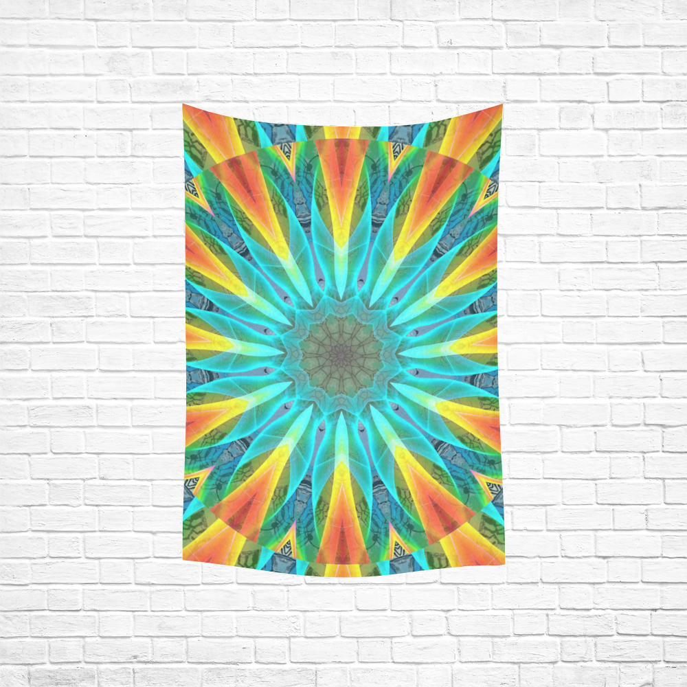 Aqua Gold Joy to the World Flowers, Zen Rainbow Cotton Linen Wall Tapestry 40"x 60"