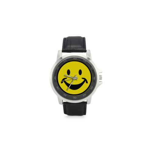Funny yellow SMILEY for happy people Unisex Stainless Steel Leather Strap Watch(Model 202)