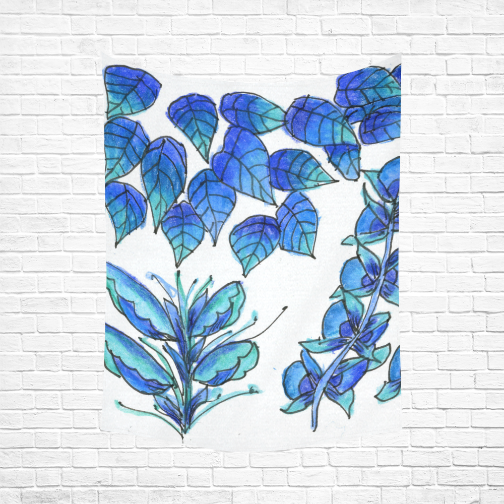 Pretty Blue Flowers, Aqua Garden Zendoodle Cotton Linen Wall Tapestry 60"x 80"