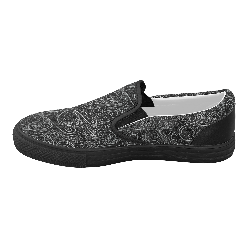 A elegant floral damasks in  silver and black Women's Slip-on Canvas Shoes (Model 019)