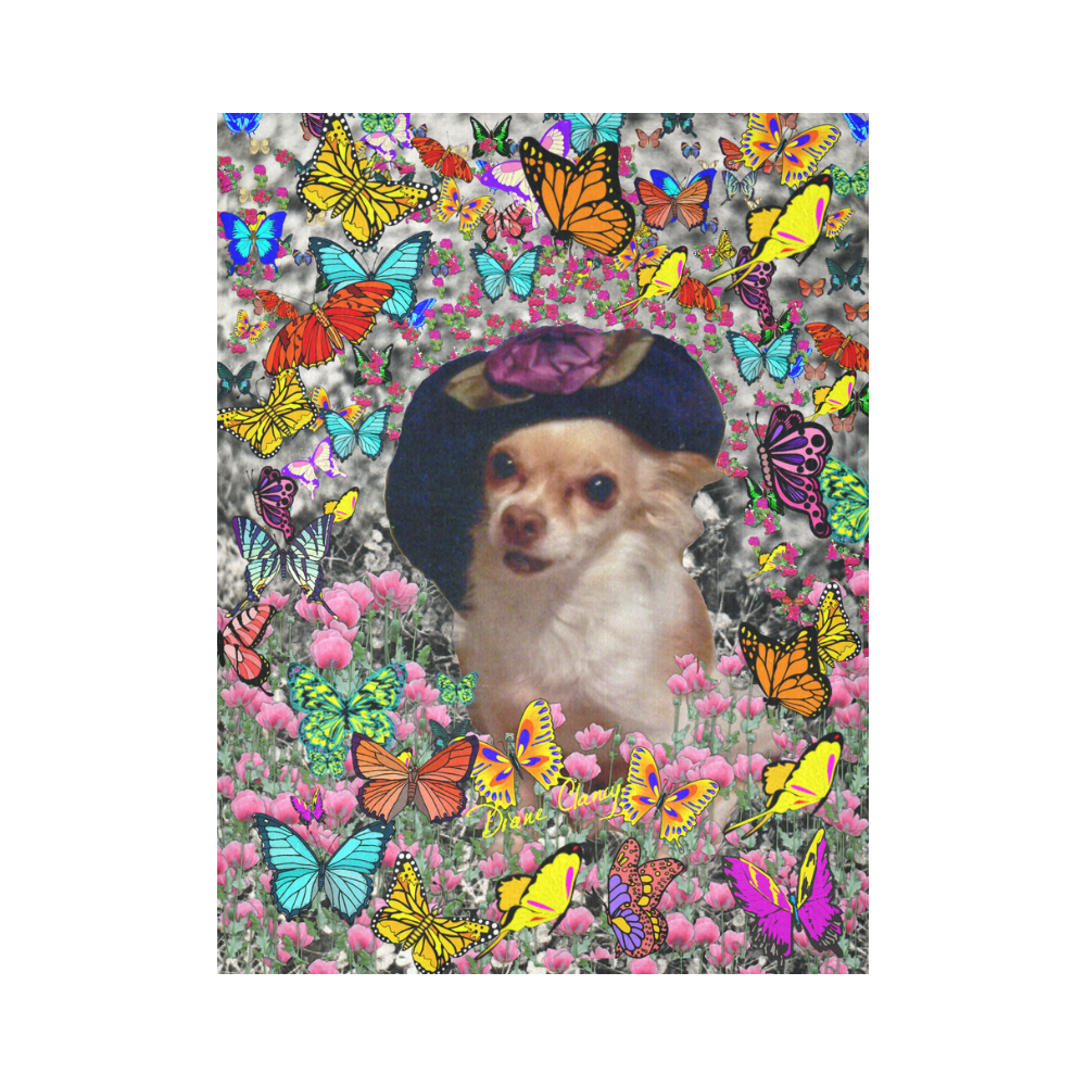 Chi Chi in Yellow Butterflies, Chihuahua Puppy Dog Cotton Linen Wall Tapestry 60"x 80"