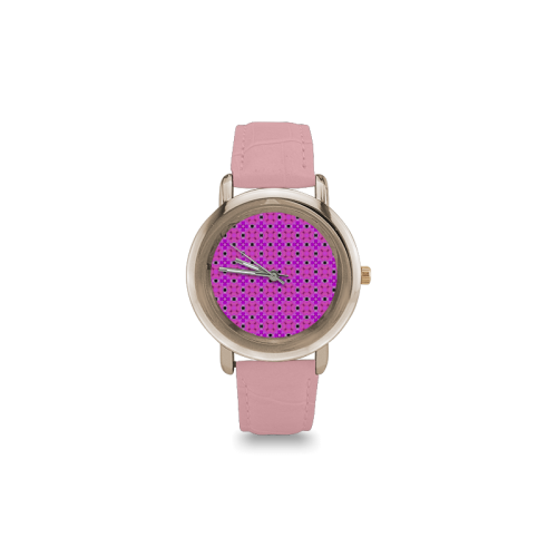 Circle Lattice of Floral Pink Violet Modern Quilt Women's Rose Gold Leather Strap Watch(Model 201)