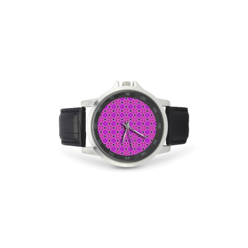 Circle Lattice of Floral Pink Violet Modern Quilt Unisex Stainless Steel Leather Strap Watch(Model 202)