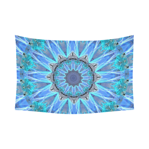 Sapphire Ice Flame, Cyan Blue Crystal Wheel Cotton Linen Wall Tapestry 90"x 60"