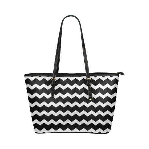 Modern Trendy Pastell Grey Black Zig Zag Pattern Chevron Leather Tote Bag/Large (Model 1651)