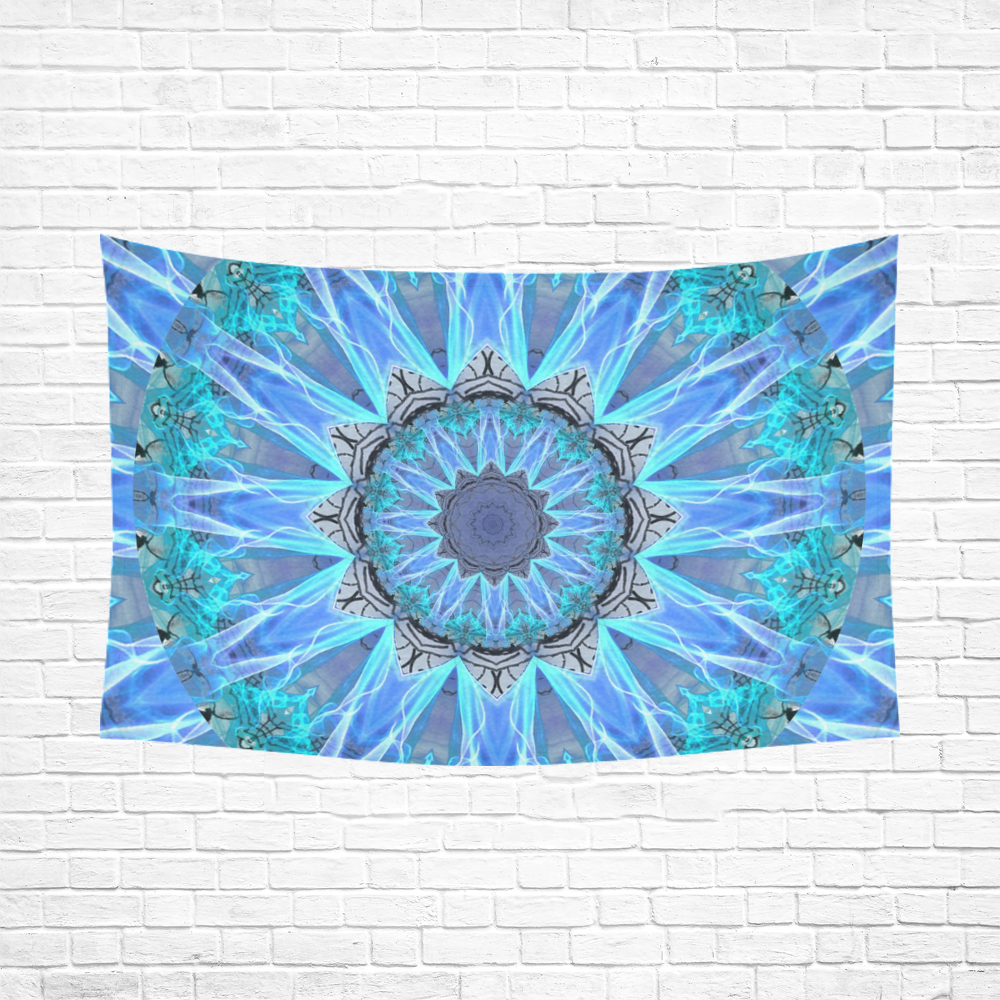 Sapphire Ice Flame, Cyan Blue Crystal Wheel Cotton Linen Wall Tapestry 90"x 60"