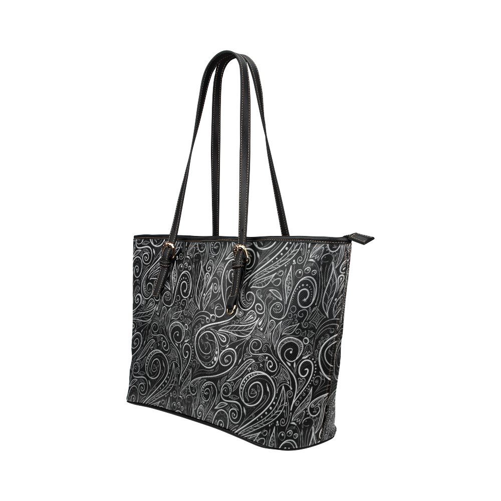A elegant floral damasks in  silver and black Leather Tote Bag/Small (Model 1651)