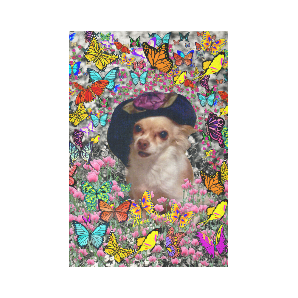 Chi Chi in Yellow Butterflies, Chihuahua Puppy Dog Cotton Linen Wall Tapestry 60"x 90"