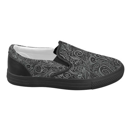 A elegant floral damasks in  silver and black Women's Slip-on Canvas Shoes (Model 019)