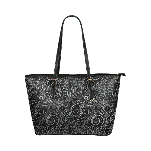A elegant floral damasks in  silver and black Leather Tote Bag/Large (Model 1651)