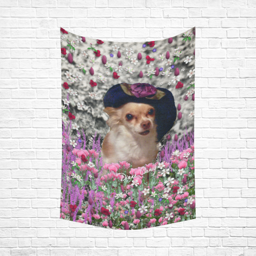 Chi Chi in Pink White Flowers, Chihuahua Puppy Dog Cotton Linen Wall Tapestry 60"x 90"