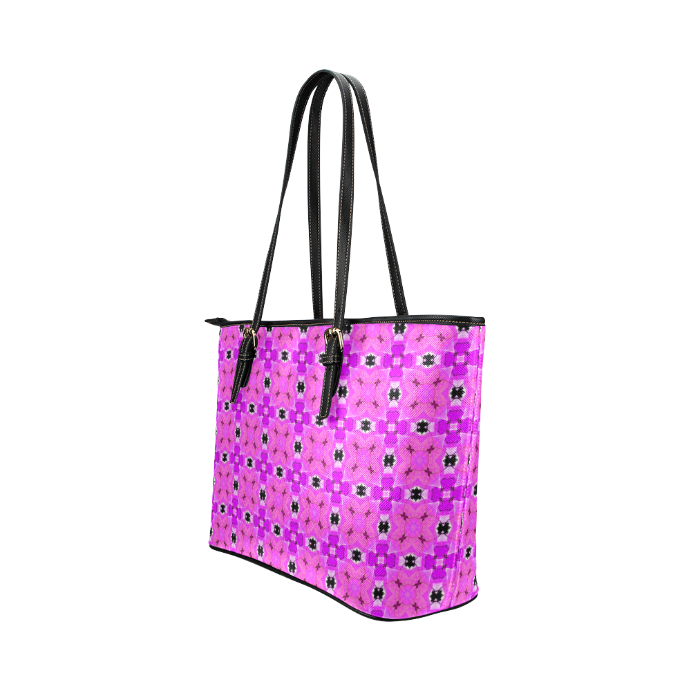 Circle Lattice of Floral Pink Violet Modern Quilt Leather Tote Bag/Large (Model 1651)