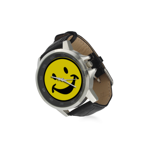 Funny yellow SMILEY for happy people Unisex Stainless Steel Leather Strap Watch(Model 202)