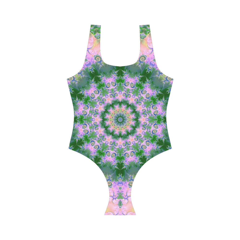 Rose Pink Green Explosion of Flowers Mandala Vest One Piece Swimsuit (Model S04)