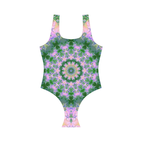 Rose Pink Green Explosion of Flowers Mandala Vest One Piece Swimsuit (Model S04)