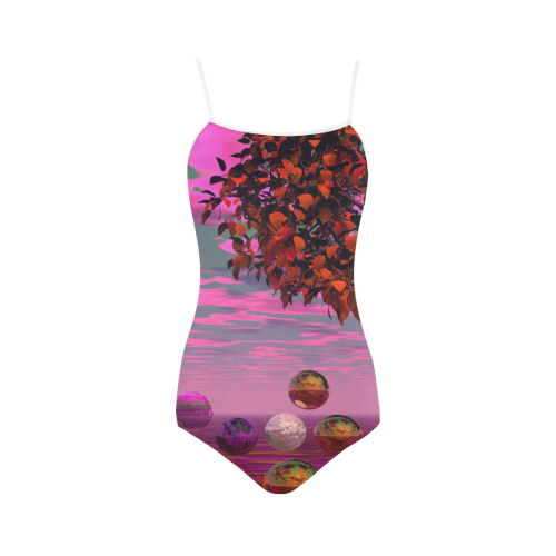 Bittersweet Opinion, Abstract Raspberry Maple Tree Strap Swimsuit ( Model S05)