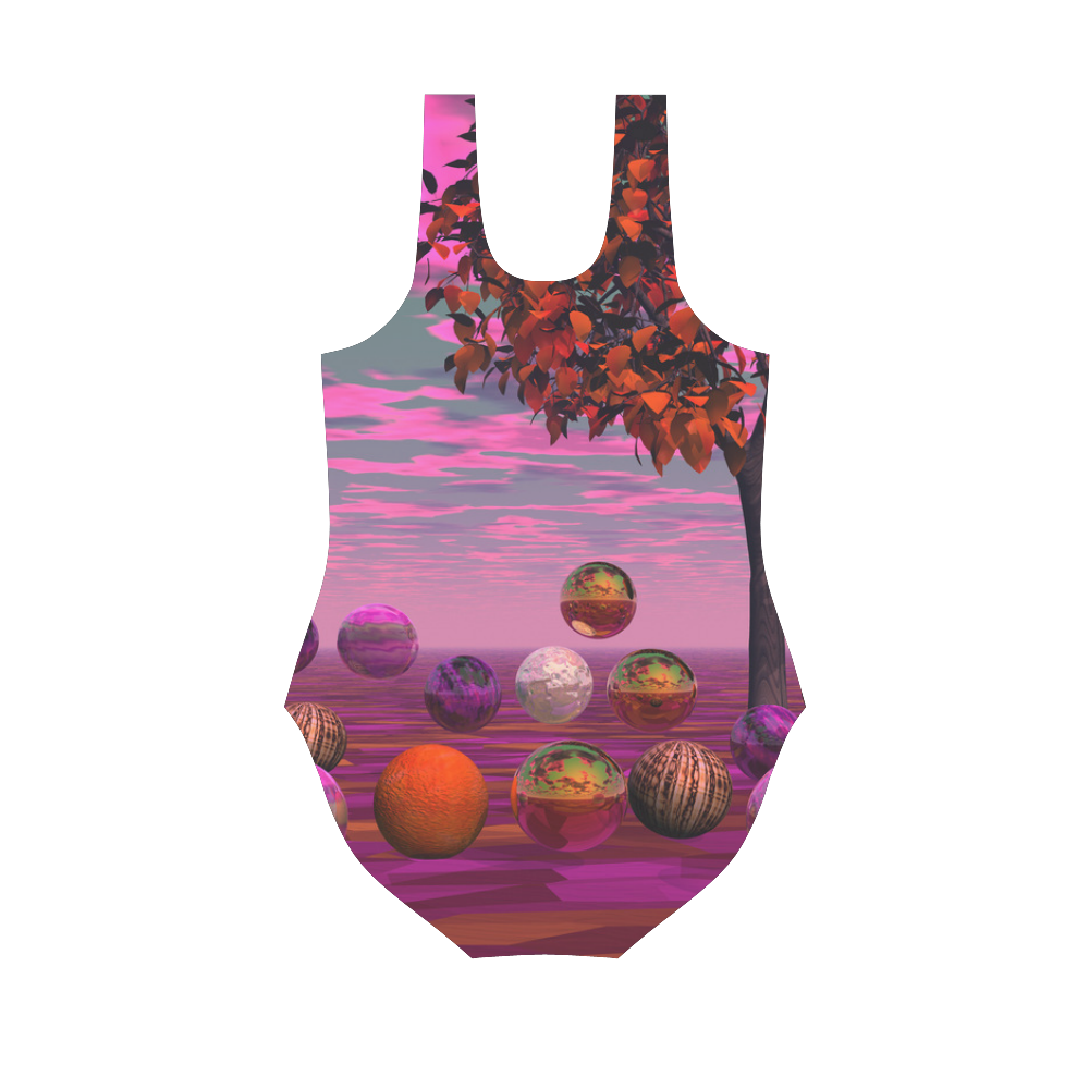 Bittersweet Opinion, Abstract Raspberry Maple Tree Vest One Piece Swimsuit (Model S04)