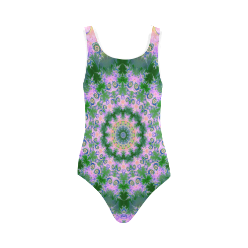 Rose Pink Green Explosion of Flowers Mandala Vest One Piece Swimsuit (Model S04)