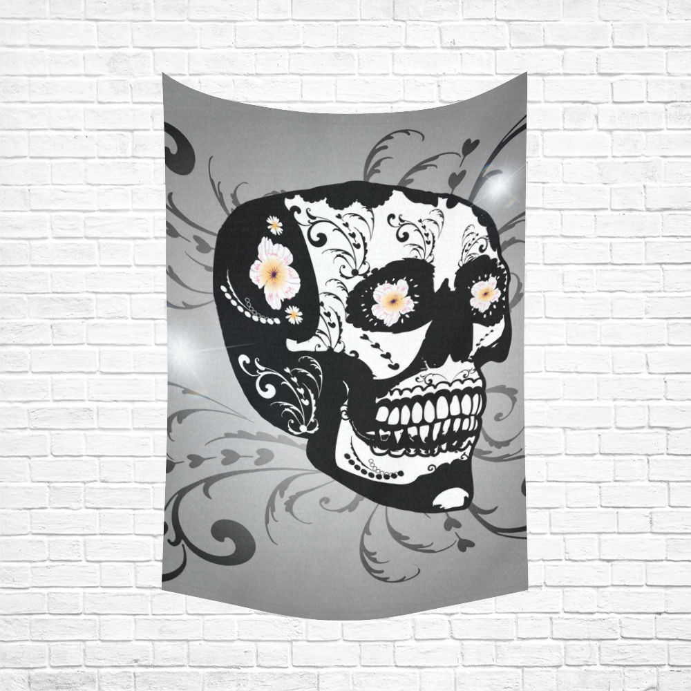 Wonderful sugar skull in black and white Cotton Linen Wall Tapestry 60"x 90"