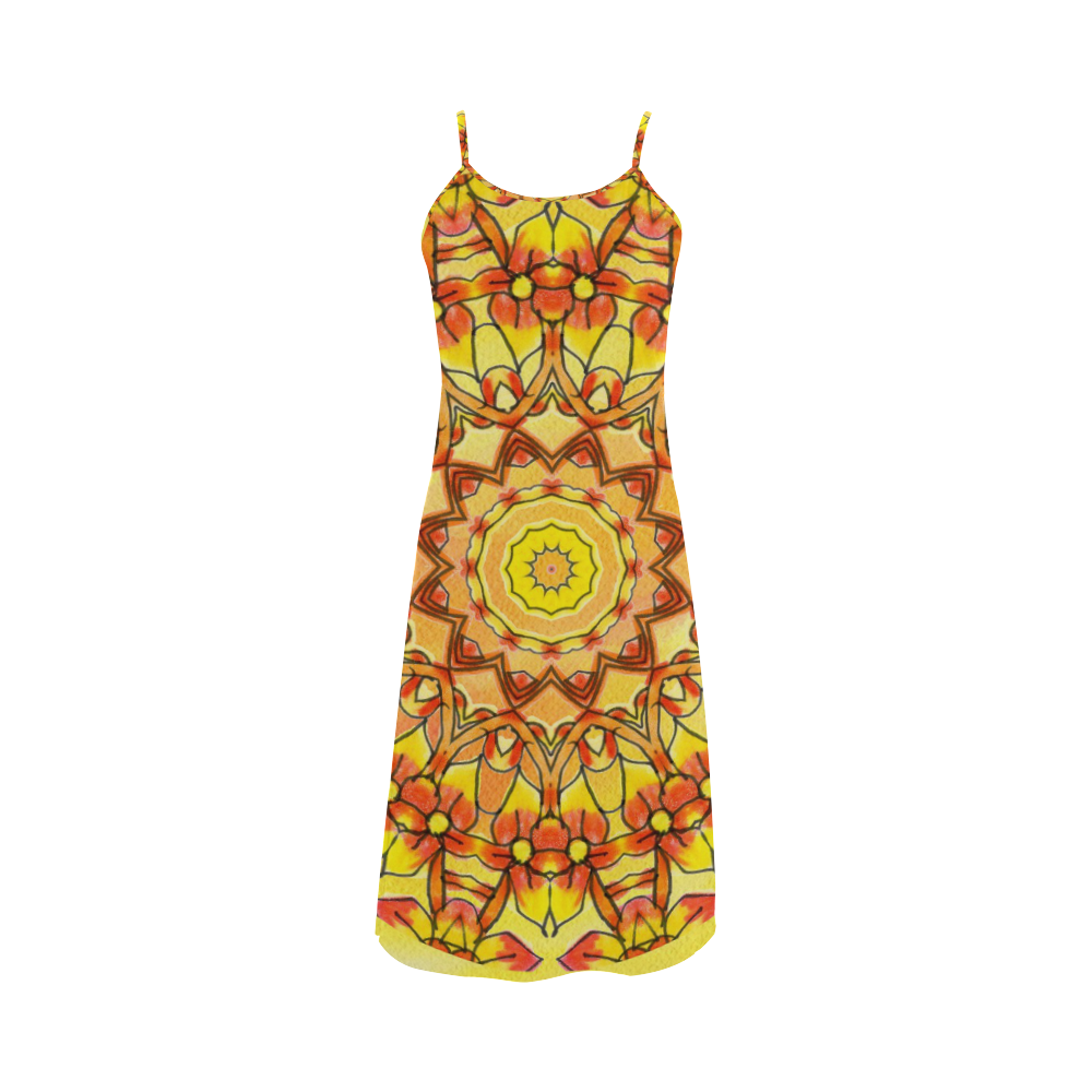 Orange Yellow Sunflower Mandala Red Zendoodle Alcestis Slip Dress (Model D05)