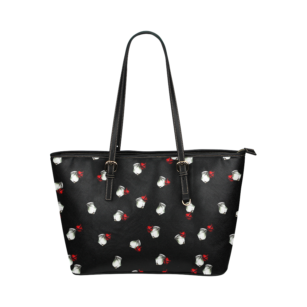 White and Red Roses Leather Tote Bag/Small (Model 1651)