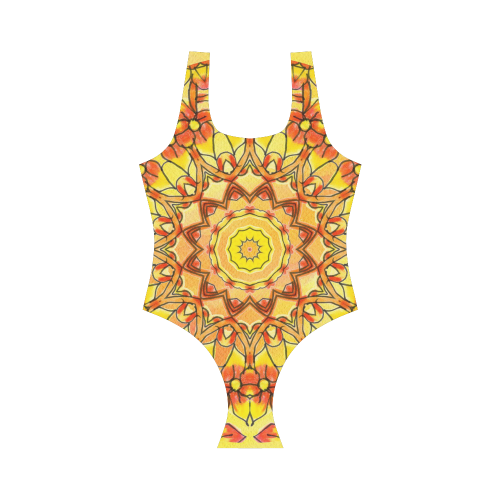 Orange Yellow Sunflower Mandala Red Zendoodle Vest One Piece Swimsuit (Model S04)