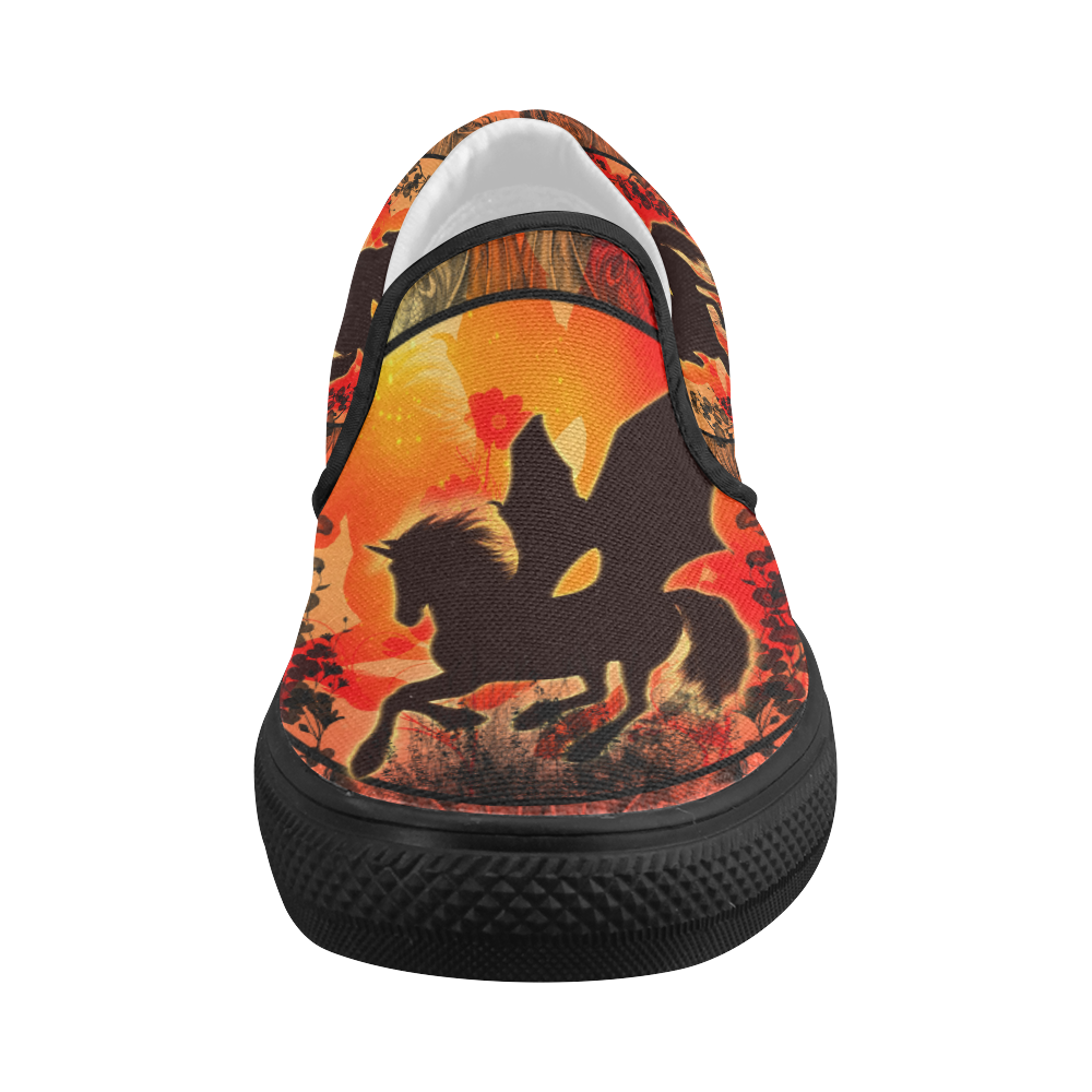Wonderful black unicorn silhouette Women's Slip-on Canvas Shoes (Model 019)