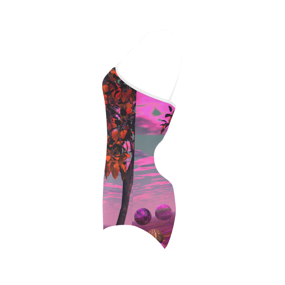 Bittersweet Opinion, Abstract Raspberry Maple Tree Strap Swimsuit ( Model S05)