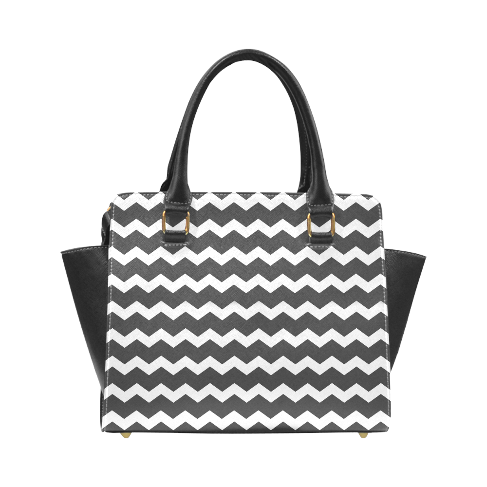 Modern Trendy Pastell Grey Black Zig Zag Pattern Chevron Rivet Shoulder Handbag (Model 1645)