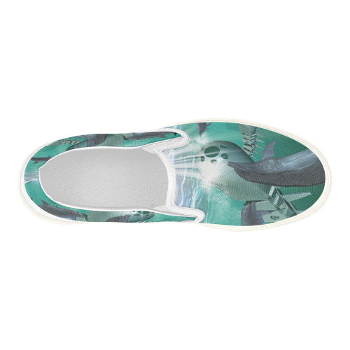 Dolphin with mechanical fish Women's Slip-on Canvas Shoes (Model 019)