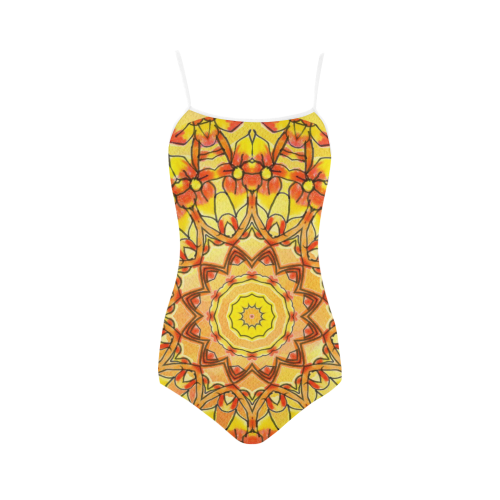 Orange Yellow Sunflower Mandala Red Zendoodle Strap Swimsuit ( Model S05)