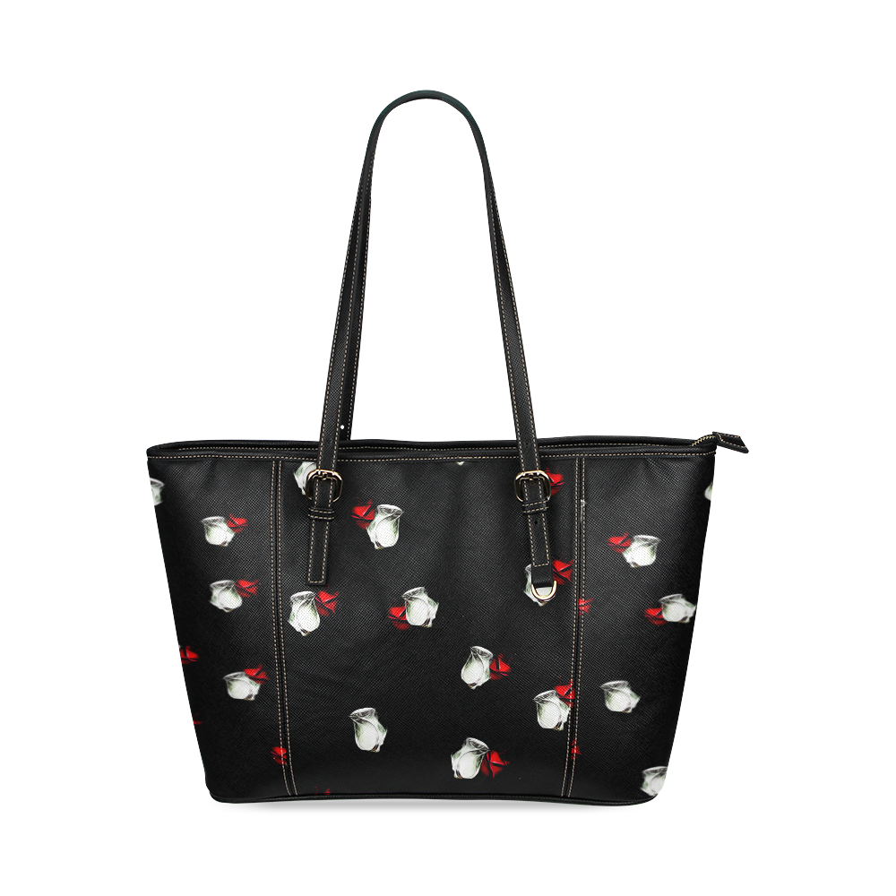 White and Red Roses Leather Tote Bag/Small (Model 1640)