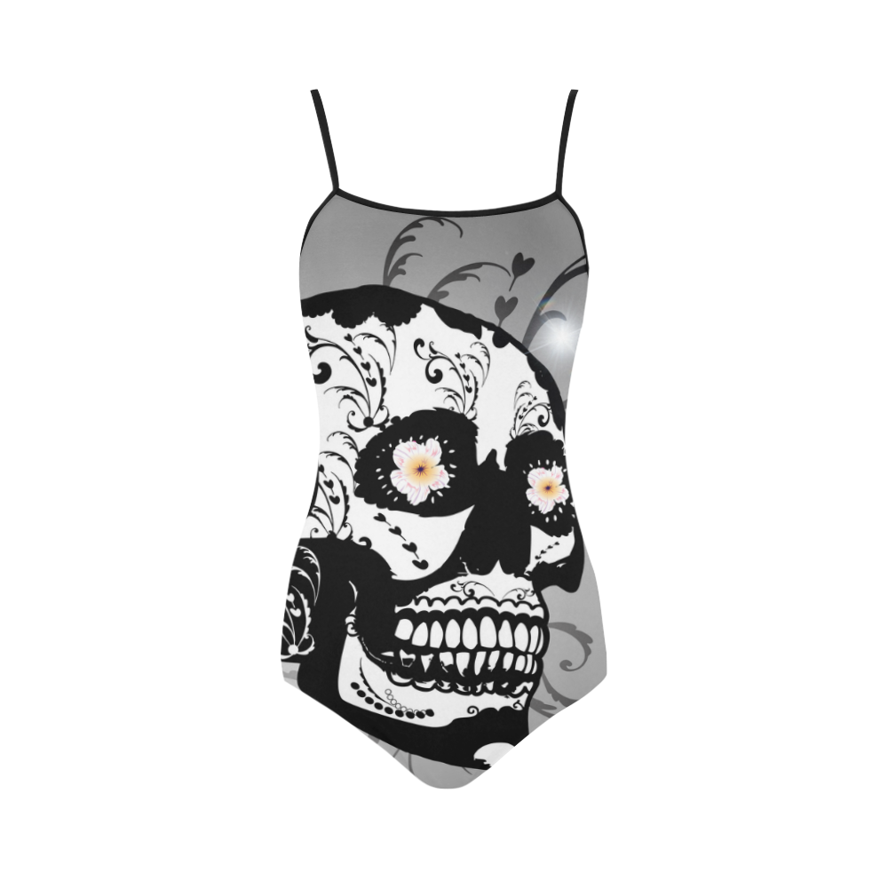 Wonderful sugar skull in black and white Strap Swimsuit ( Model S05)