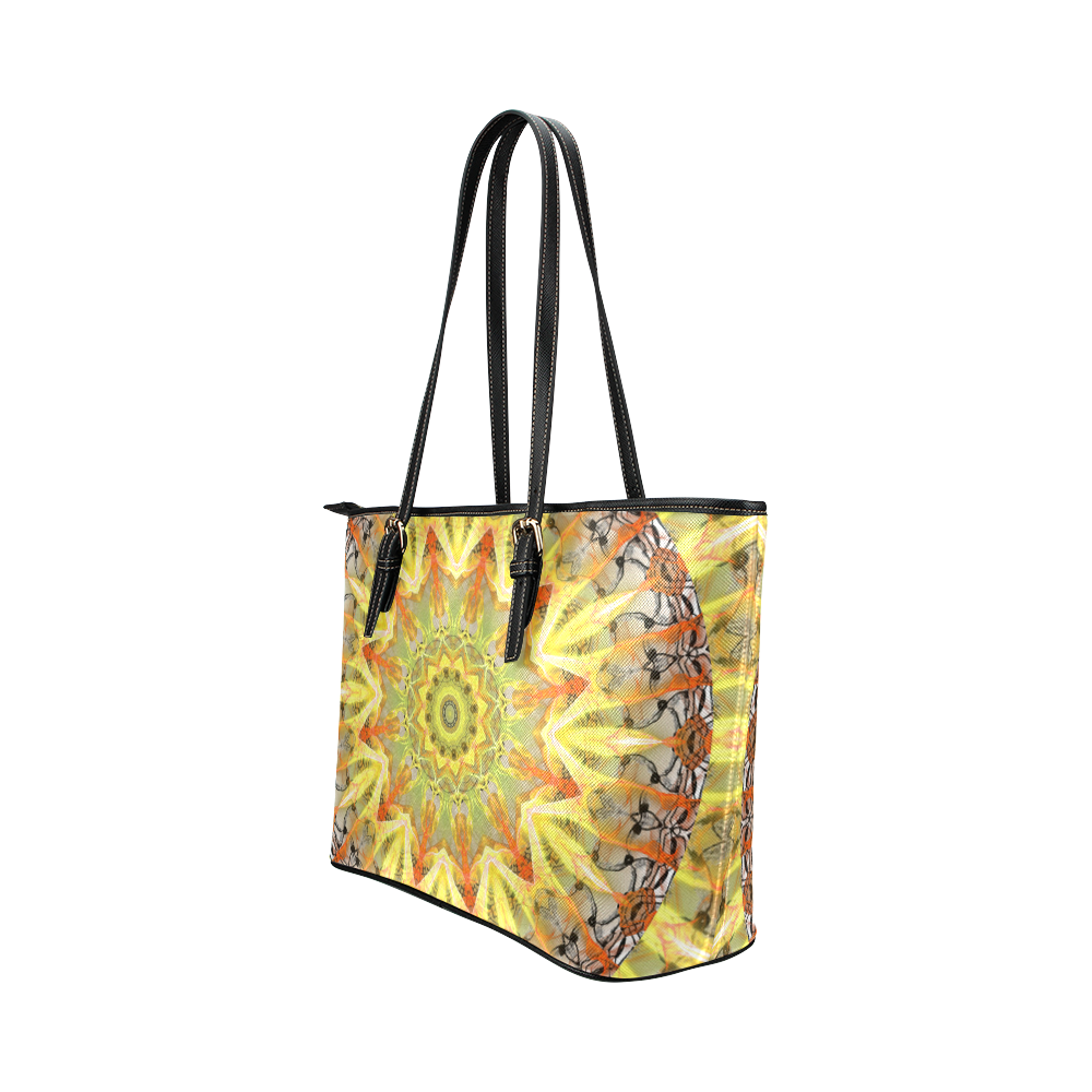 Golden Feathers Orange Flames Abstract Lattice Leather Tote Bag/Large (Model 1651)