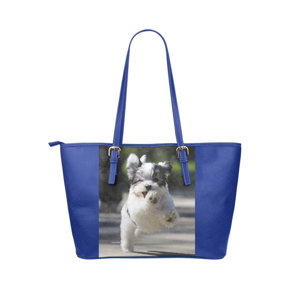 Havanese puppy coming at ya! Leather Tote Bag/Large (Model 1651)