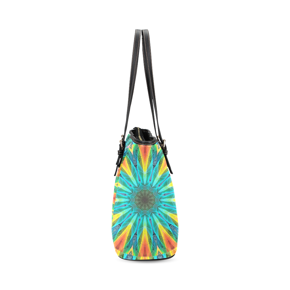 Aqua Gold Joy to the World Flowers, Zen Rainbow Leather Tote Bag/Small (Model 1640)