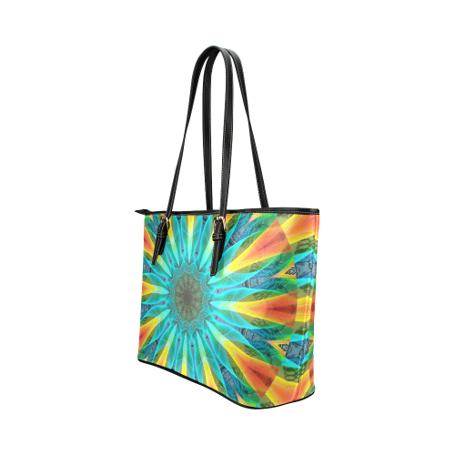 Aqua Gold Joy to the World Flowers, Zen Rainbow Leather Tote Bag/Large (Model 1651)