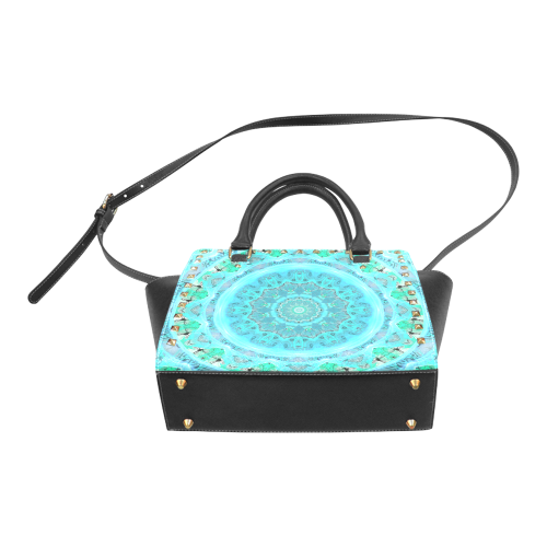 Teal Cyan Ocean Abstract Modern Lace Lattice Rivet Shoulder Handbag (Model 1645)