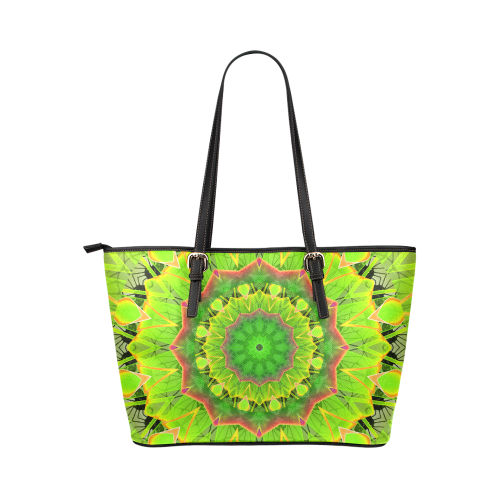 Golden Green Foliage Ferns Abstract Summer Days Leather Tote Bag/Small (Model 1651)