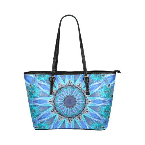 Sapphire Ice Flame, Cyan Blue Crystal Wheel Leather Tote Bag/Small (Model 1651)