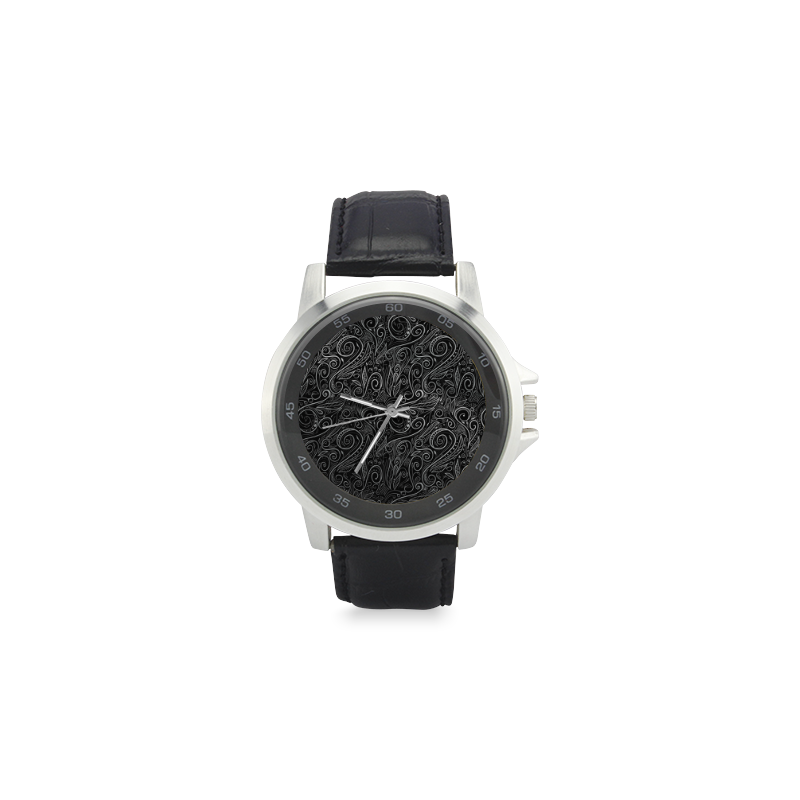 A elegant floral damasks in  silver and black Unisex Stainless Steel Leather Strap Watch(Model 202)